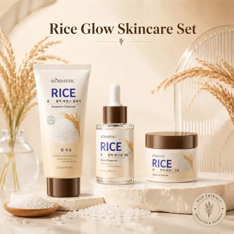 Rice & Niacinamide Skincare Set with Face Cleanser, Essence Serum and Moisturizing Cream for Hydrating Glow, Smooth Skin and Daily Face Care