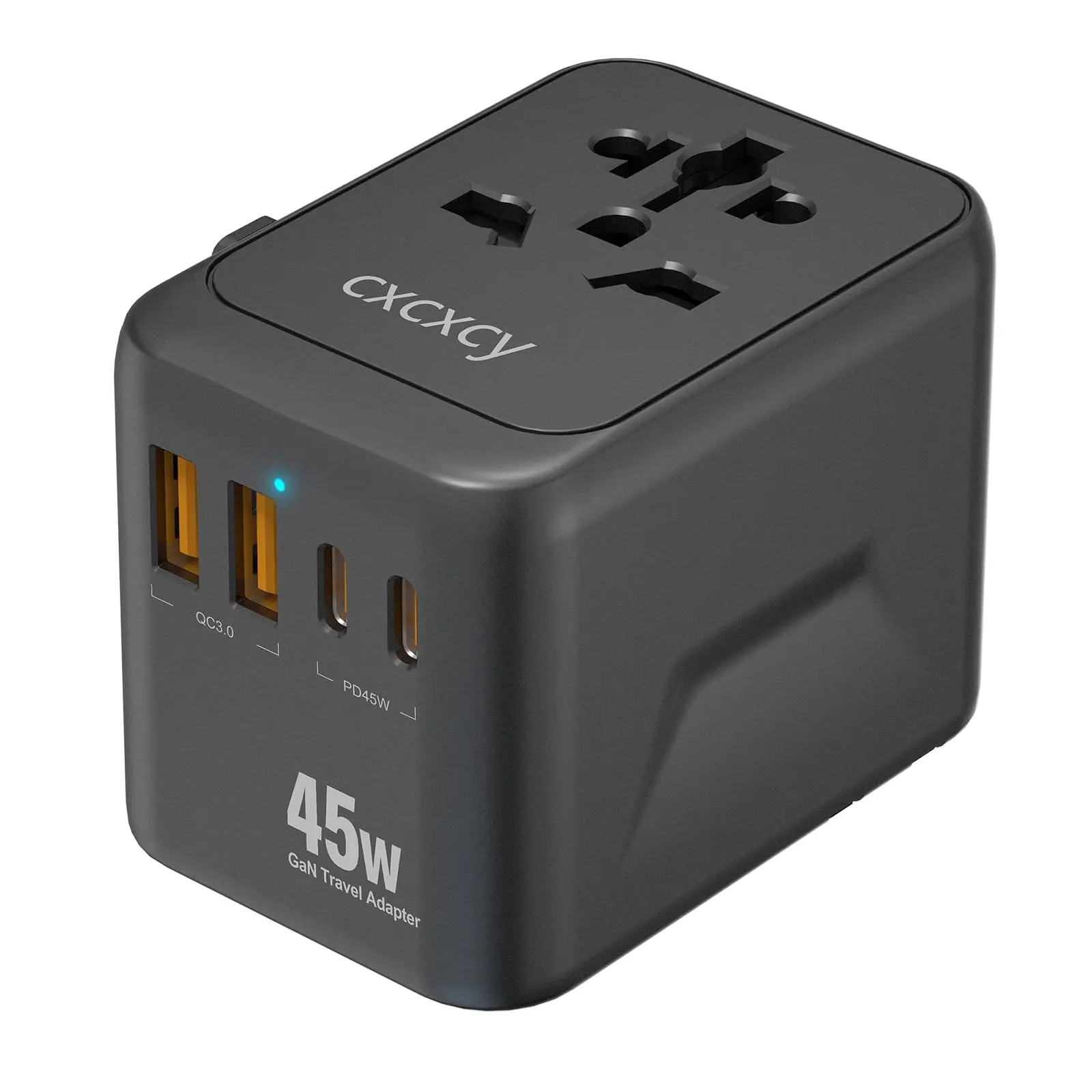 45W GaN Universal Travel Adapter - 5-Port International Power Plug with 2 USB-C PD 3.0, 2 USB-A QC 3.0, 1 AC Outlet, 100-240V, 5.49 oz, 1.93×2.09×2.76 inches for Outdoor Camping, Emergency Use in US, EU, UK, AU Regions, Compact And Portable Design, Gan Fa