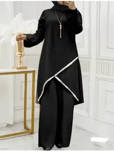 Women's Casual Two-Piece Set, Round Neck Long Sleeve Top & Pants, Loose-Fitting Ethnic Style, Fashionable Retro Look