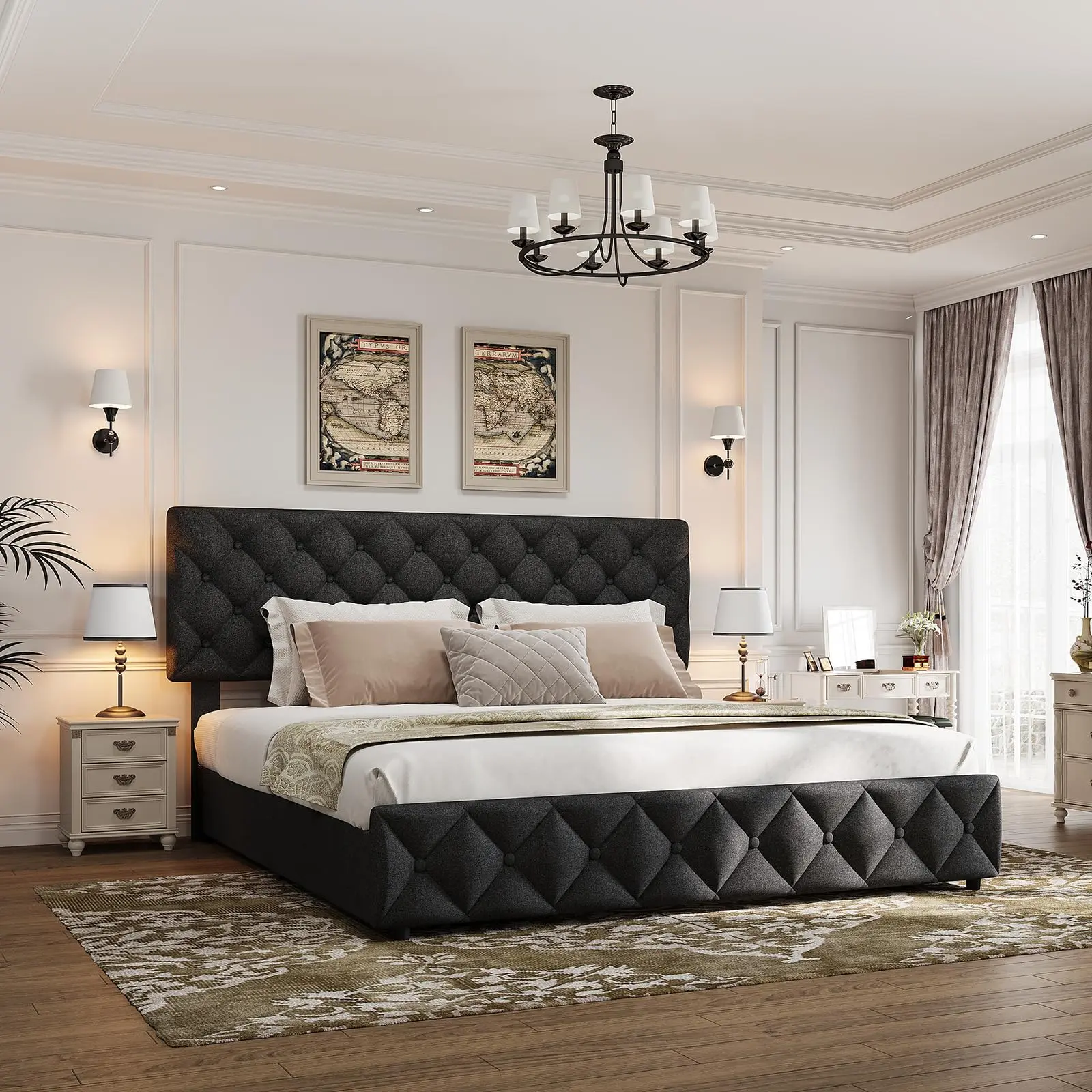 Black linen upholstered platform bed frame with adjustable headboard and 4 drawers, modern bed frame, wooden slats, no box spring required, diamond stitched buttons