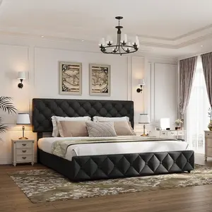 Black linen upholstered platform bed frame with adjustable headboard and 4 drawers, modern bed frame, wooden slats, no box spring required, diamond stitched buttons