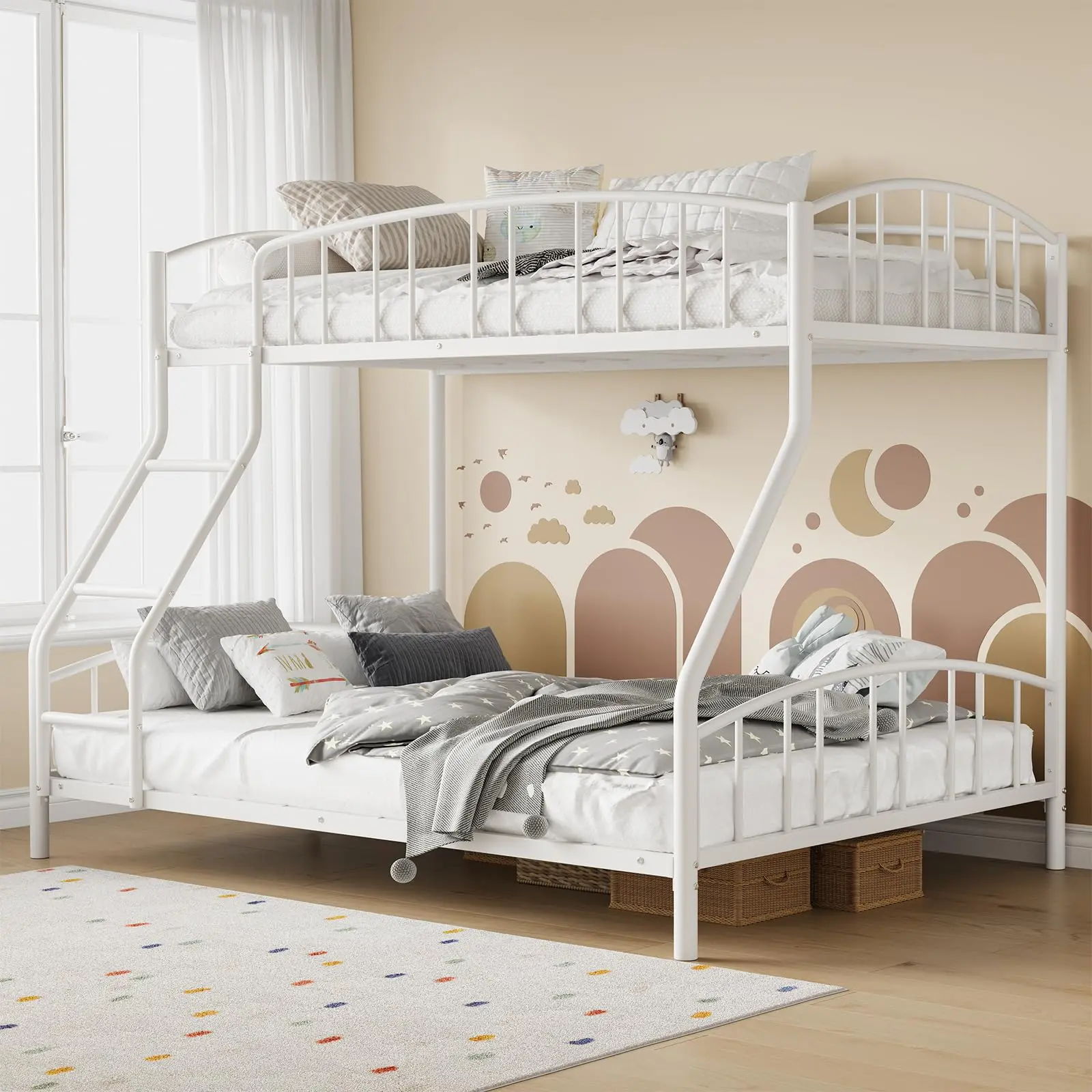 Garvee Twin over Full Bunk Bed with Ladder and Arched Guardrail, Heavy Duty Steel Frame with Sturdy Slats, Space-Saving Design, No Box Spring Needed, White Finish, Ideal for Boys and Girls