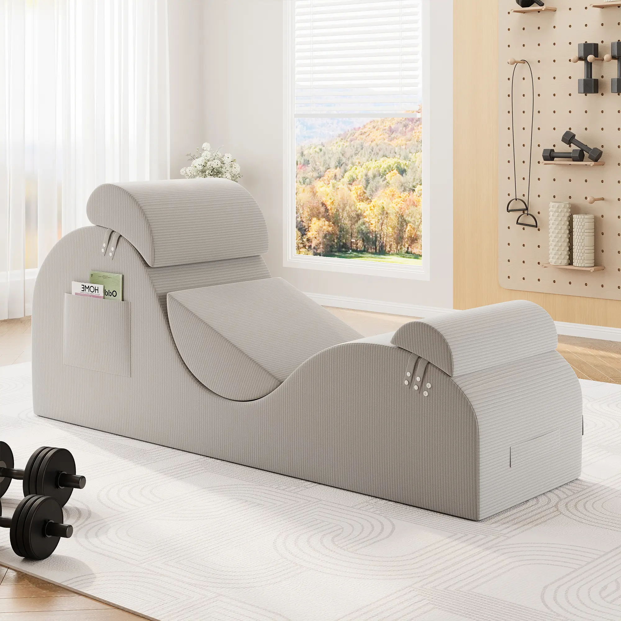 LIKIMIO Corduroy Ergonomic Yoga Chair for Adults - Double-Cushioned, Cushioning, Flexible, Headrest, Non-Plastic Indoor Lounger with Removable Headrest, Waist Cushion, Footrest, Side Pockets, Non-Slip Bottom, High-Density Sponge, Double-Cushioned Indoor L