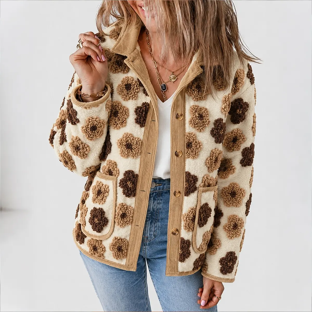 CHICME Women's 3D Faux Shearling Floral Jacket Corduroy Trim Button Down Fleece Coat