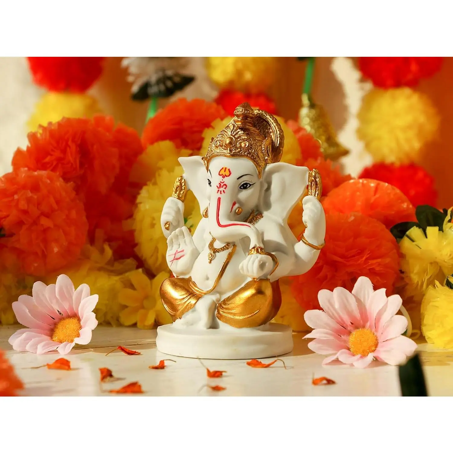 alikiki Indian Lord Ganesha Idol Statue - 5”H Gold Toned Hindu God Ganpati Mandir Diwali Pooja Item Home Temple Puja Decor Ganesh Murti Altar Shrine Spiritual Ornament Gifts for Indian