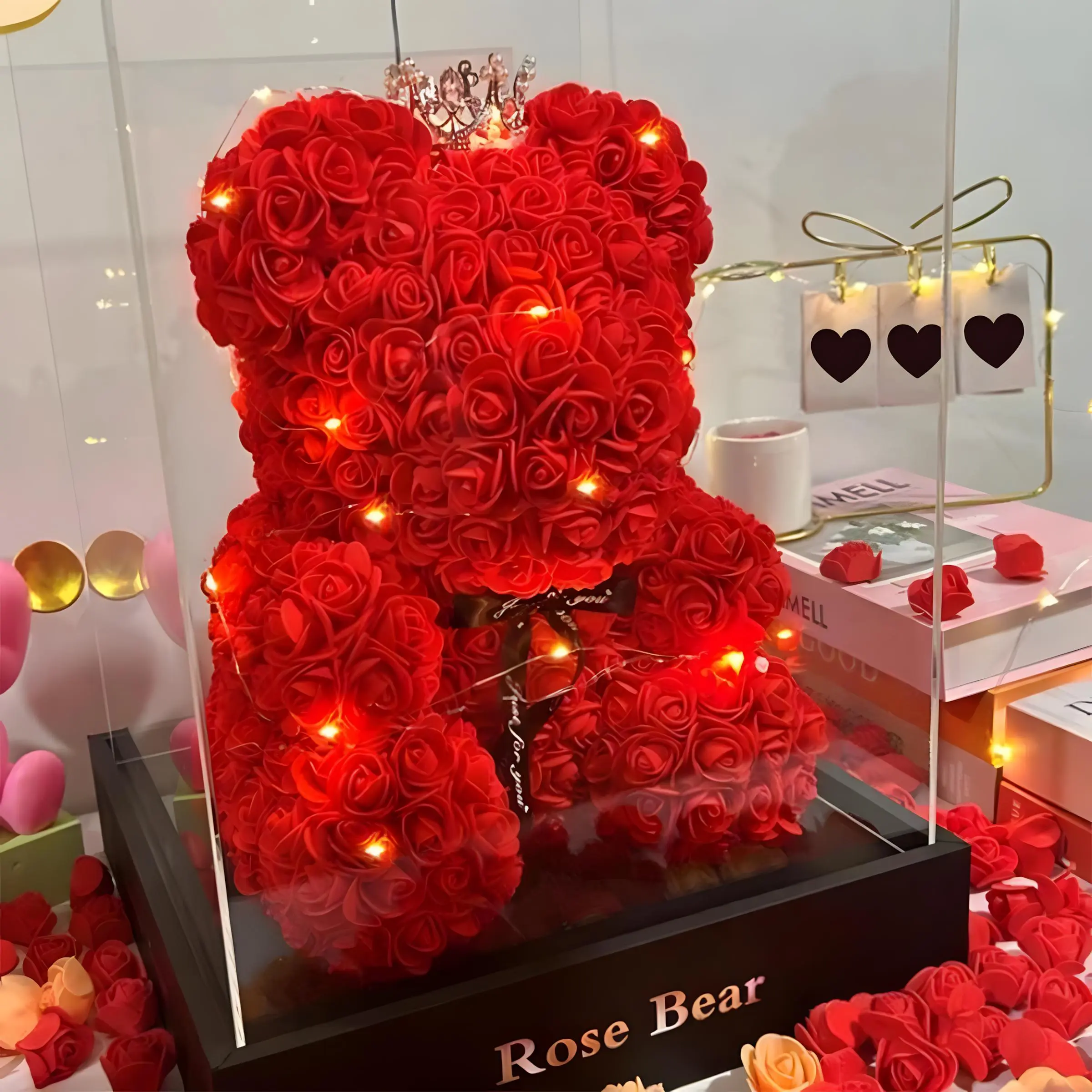Artificial Eternal Rose & Teddy Bear Decorative Ornaments, Synthetic Roses Decorative Flowers, Floral Decor for Bedroom, GF Gift for Mother's Day Birthday Valentine’s Day Home Supplies Anniversary, Womens Gifts