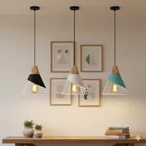 Industrial Vintage Style Pendant Light, Modern Simple Wooden Cone Ceiling Lamp with E27 Socket, Adjustable Height, Bedroom Kitchen Dining Room