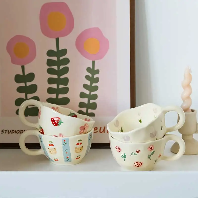 Cute Floral Ceramic Mug for Kids, Cozy Mug, Style Milk Cup, Creative Breakfast Cup, Water Bottle, Adorable Design, Ceramic Drinkware