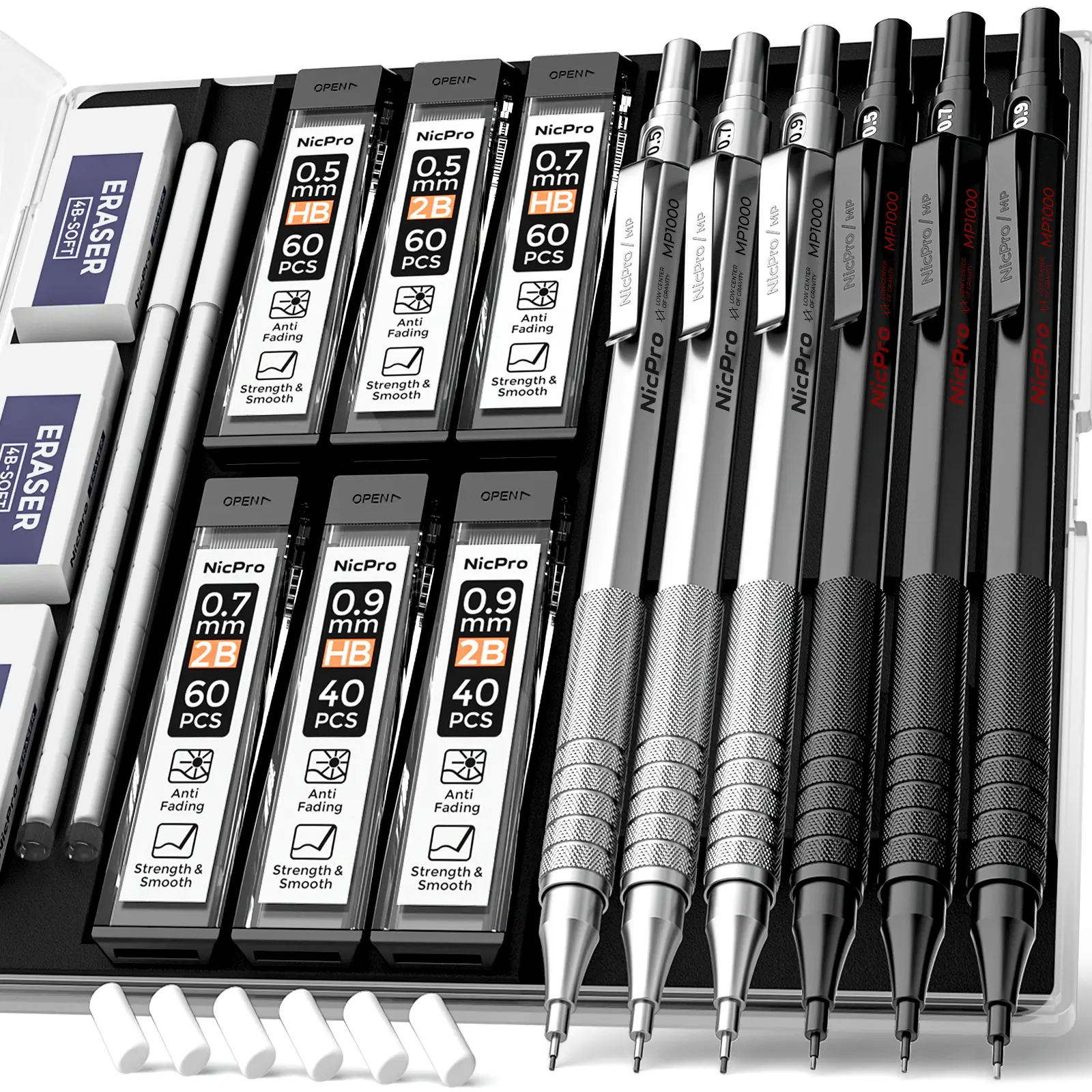 Nicpro 6-Pack Compact Metal MP1000 Mechanical Graphite Pencils Set (0.5/0.7/0.9 mm) with Clip, Case, 12 Tubes HB & 2B Lead Refills, Erasers - Art Pencils for Sketching, Office Writing Stationery for Architects’ Drafting