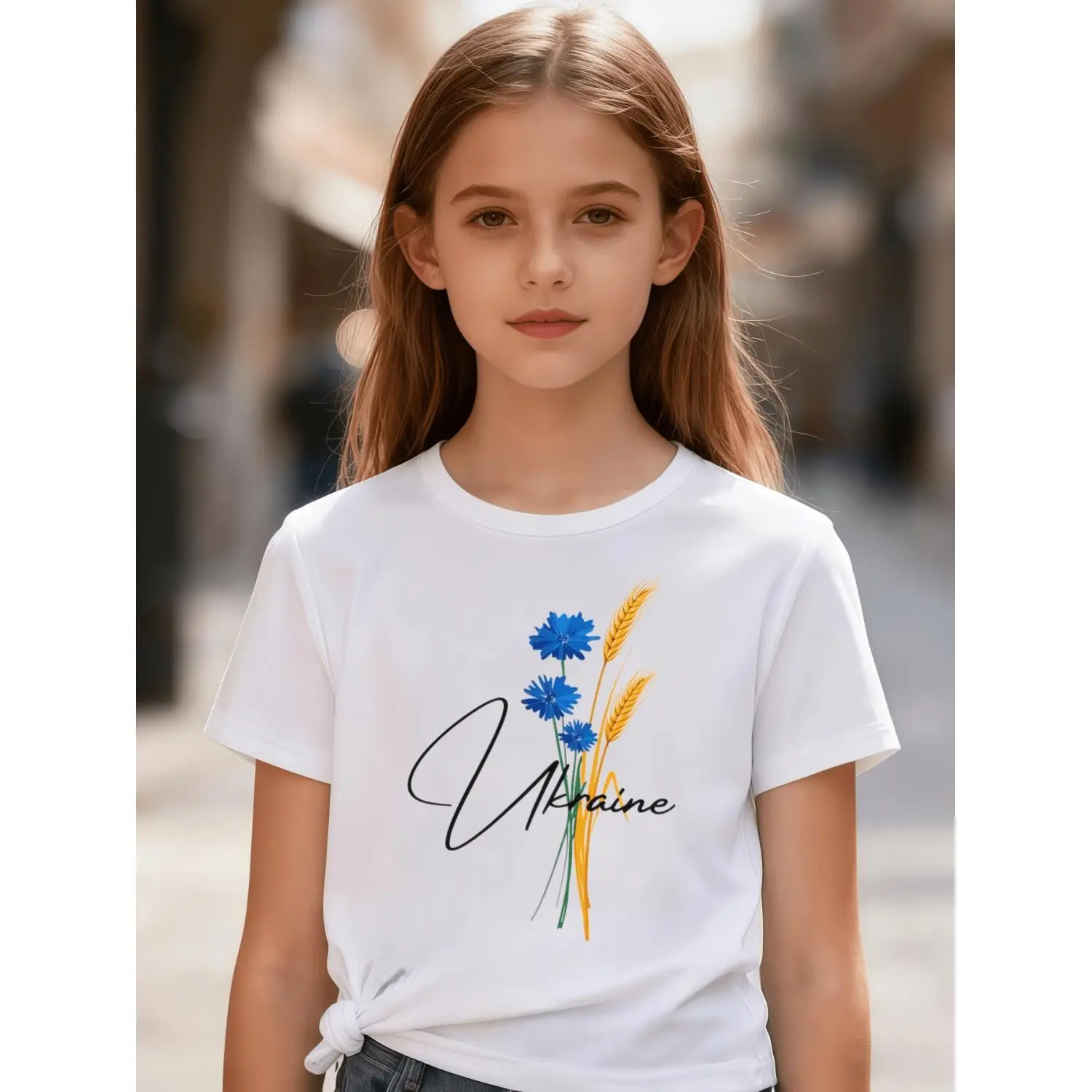 Childrens Ukrainian Inspired Cotton T-shirt Featuring Cornflower and Wheat Spike Design with Handwritten Ukraine Text Short Sleeve Round Neck Top for Girls