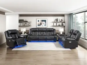 Huron 8457BLK-2PW 2 pc Premium Faux Leather Power Motion Sofa & Love Seat Set with LED Lighting USB & Drop Down Tray Table
