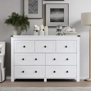 Bedroom Dresser，Farmhouse wooden drawer cabinet with 7 drawers, wide TV stand with metal handles for storage furniture, modern clothing organizer for hallway, living room, entrance, brown