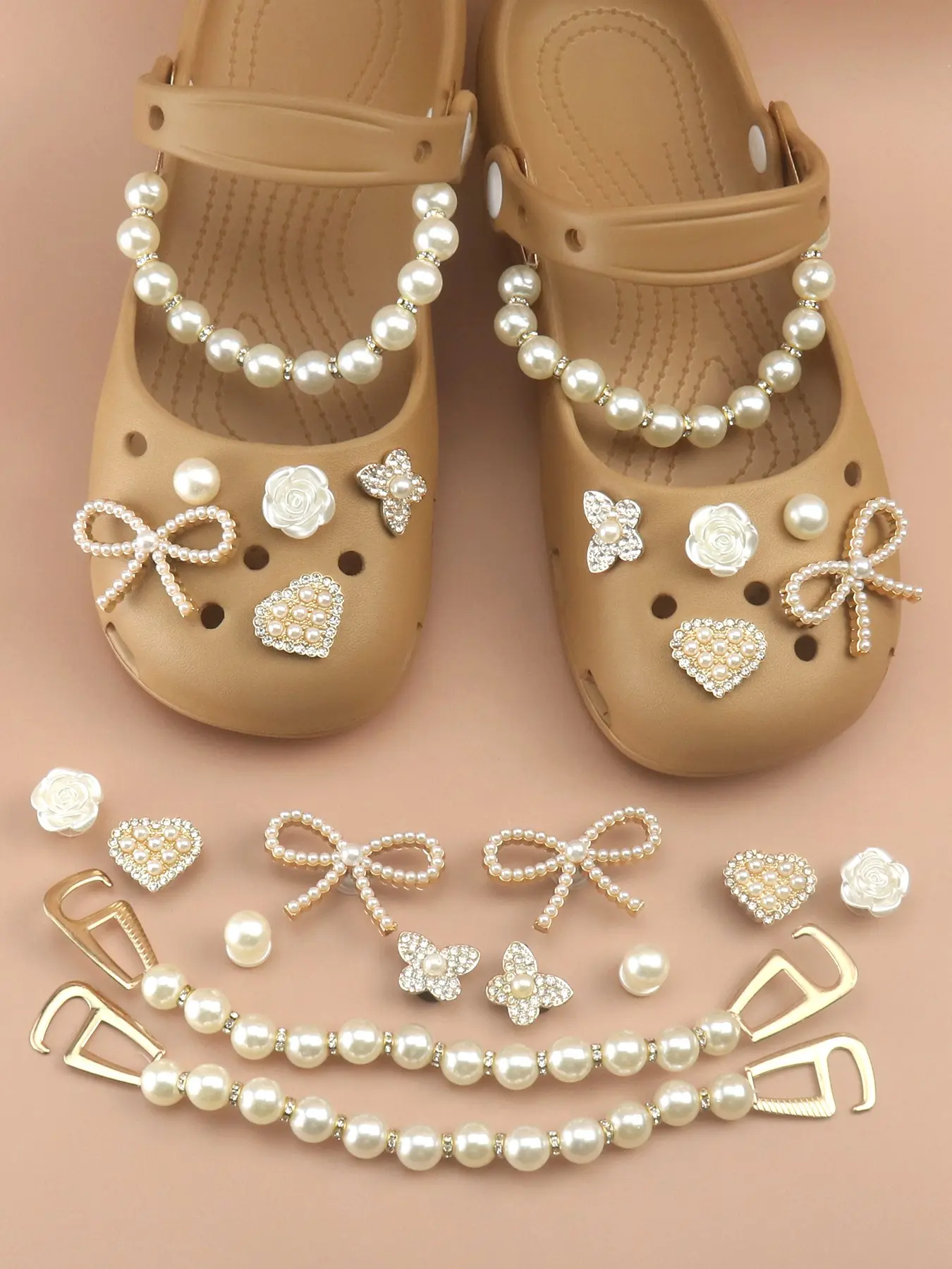 Bling Pearl Shoe Charms Set With Bowknot, Rose, Heart & Chain, Detachable Rhinestone Accessories For Clogs, Shoe Decoration, Perfect Gift For Women, Girls And Fashion Lovers