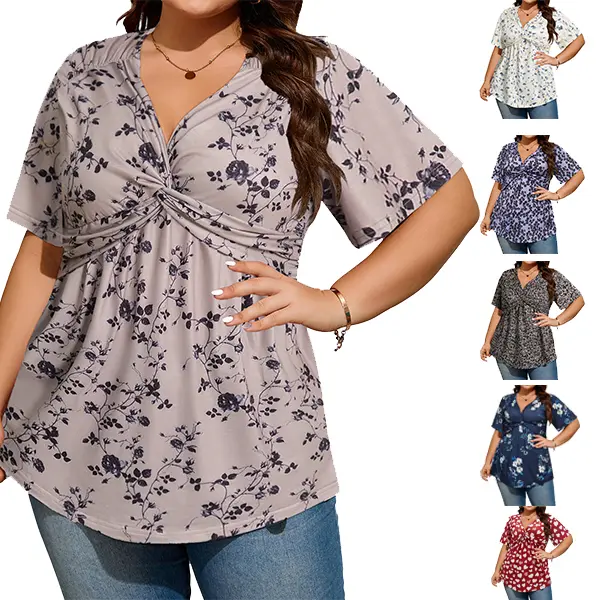 [1X-5X] Auciccoo Plus Size Floral V Neck Twist Front Top for Women Short Sleeve Loose Fit Tunic Blouse,back to school,back to school shopping