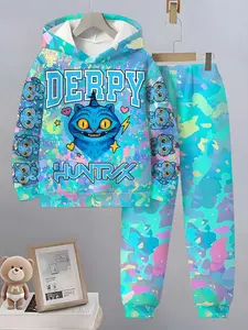 Girls' Colorful Graffiti Anime Hoodie Set, Cute Blue Cat Print Fitted Long Sleeves Sweatshirt & Drawstring Sweatpants Two-Piece, Fashion Casual Kids Clothing