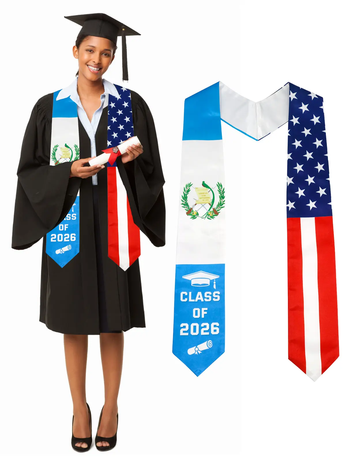 GraduationMall Silk Satin Graduation Stole - US/Guatemala Country Flag Print, 72" Long 1-Piece Rectangular Sash with Pointed Ends for Class of 2026 International Study Abroad Students, One-Piece