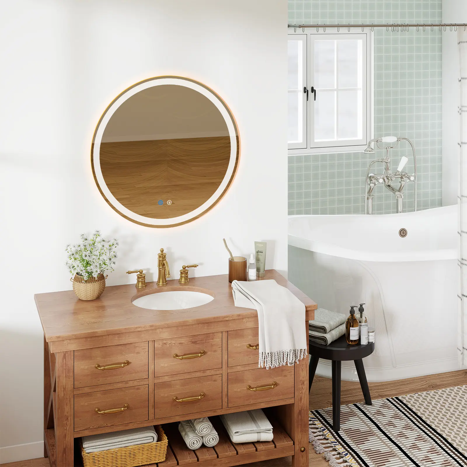 Minimalist LED Round Wall Mounted Bathroom Mirror - Built-In Constant-Temperature Anti-Fog Module, Dual-Light Design, 3 Color Temperatures, Stepless Dimmable, Memory Function, Shadow Blind Spot Elimination, Smart Heated Fog-Free Vanity Mirror for Grooming