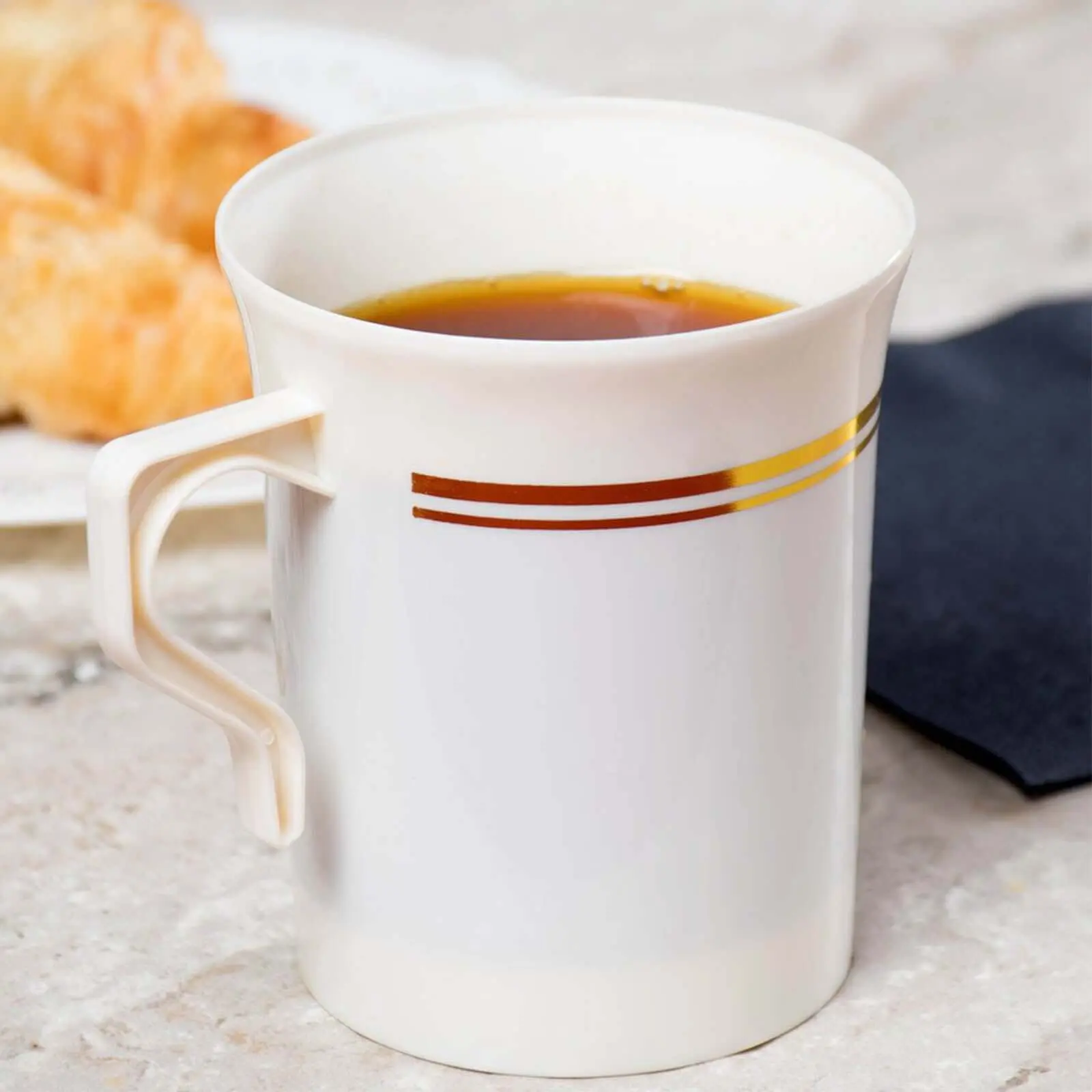 8-Pack Disposable Plastic Coffee Mugs - 8oz White with Gold Stripes, Drink Cups with 4" Handle for Coffee, Tea, Disposable Coffee Mugs