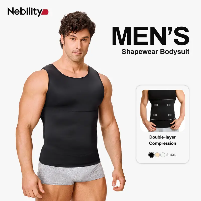 Nebility Men’s Silky Soft Compression Shapewear Tank, Slimming Body Shaper Vest with Waist & Chest Support, Stretchy, Odor-Resistant, Breathable Muscle Tank for Daily Comfort, Menswear, Tanktop