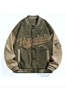 Men's Patchwork Letter Embroidery Button Front Vintage Varsity Jacket, Casual Drop Shoulder Long Sleeve Baseball Collar Outerwear for Fall & Winter, Men's Clothes for Daily Wear, Casual Fashionable Jacket