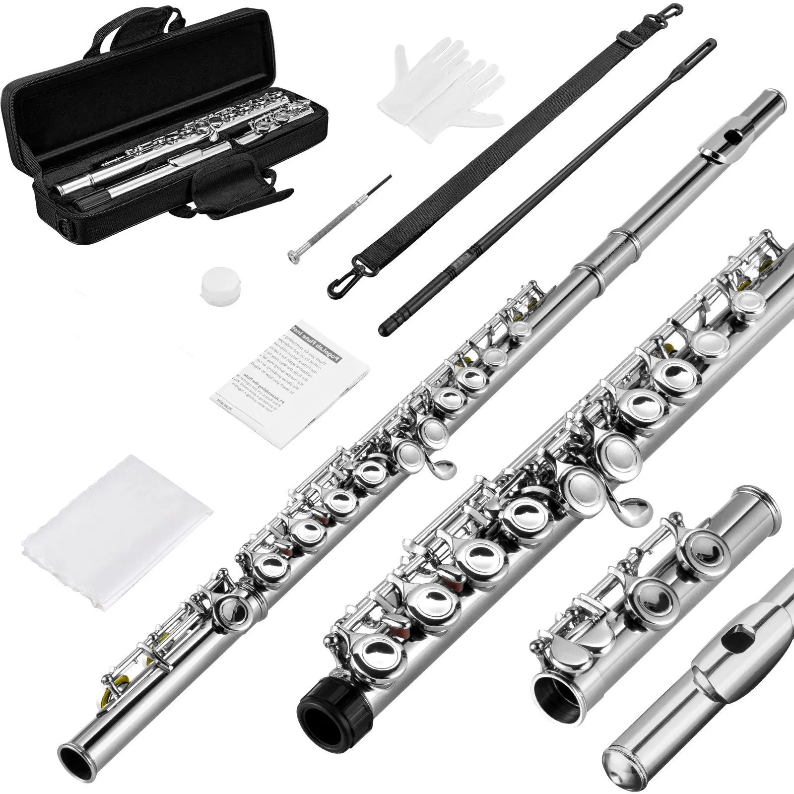 POGOLAB Flutes, Closed Hole C 16 Keys Flute Instrument, Student Flute for Beginner Advanced Player with Flute Cleaning Kit, Carry Bag, Stand, Strap, Probe Rod, Gloves