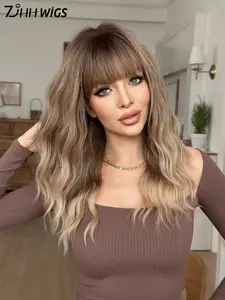 22 Inch Ombre Brown Long Wavy Wigs for Women, Gorgeous Fluffy Wigs with Bangs, Synthetic Full Machine Wigs for Party, Daily Use