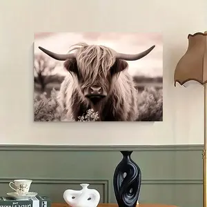 1 Piece Highland Cow Canvas Wall Art - Farmhouse Decoration, Wrapped Canvas Frame, Ready to Hang for Country Living Room, Kitchen, Bedroom Decoration - Scottish Country Painting, Suitable for Home, Office or Gift - Farmhouse Animal Wall Decor, Kitchen Art