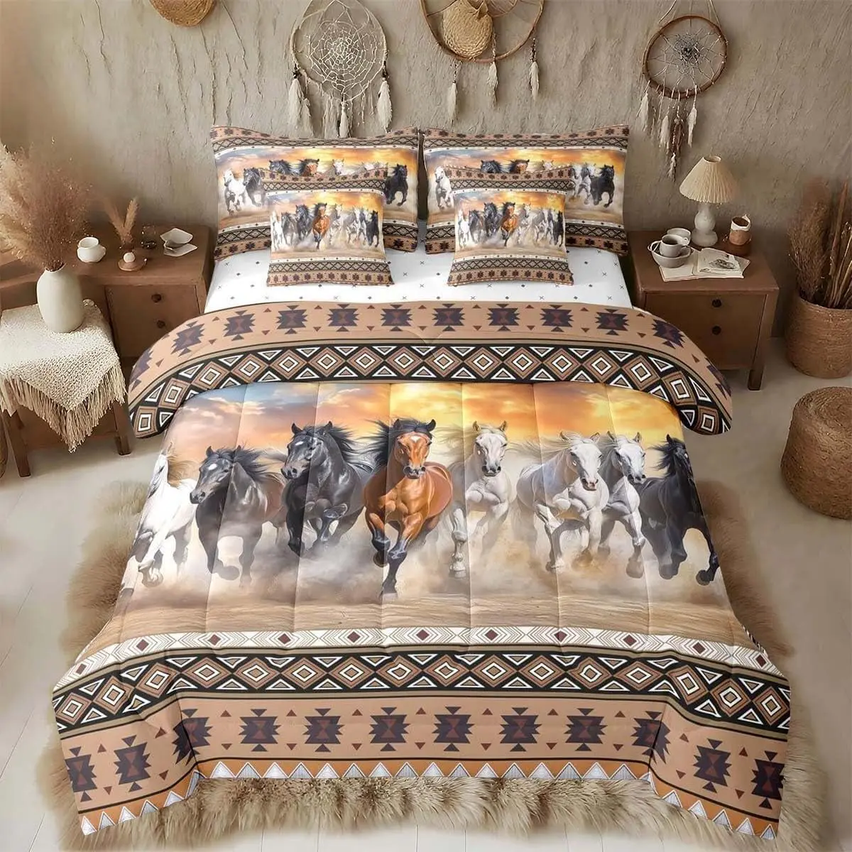 Brown Horse Comforter Set with Sheets Kids Galloping Horse Bed in a Bag for Boys Girls Teens Wild Western Southwestern Aztec Rustic Farmhouse 7 Pieces Bedding Set Soft Room Decor