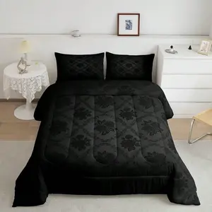 3-piece Gothic style retro dark flower quilted quilt set, Dark floral bedding set - soft, lightweight, breathable, 200gcm quilted filling, including 1 blanket and 2 pillowcases (excluding pillow core) suitable for bedroom, dormitory, air-conditioned room