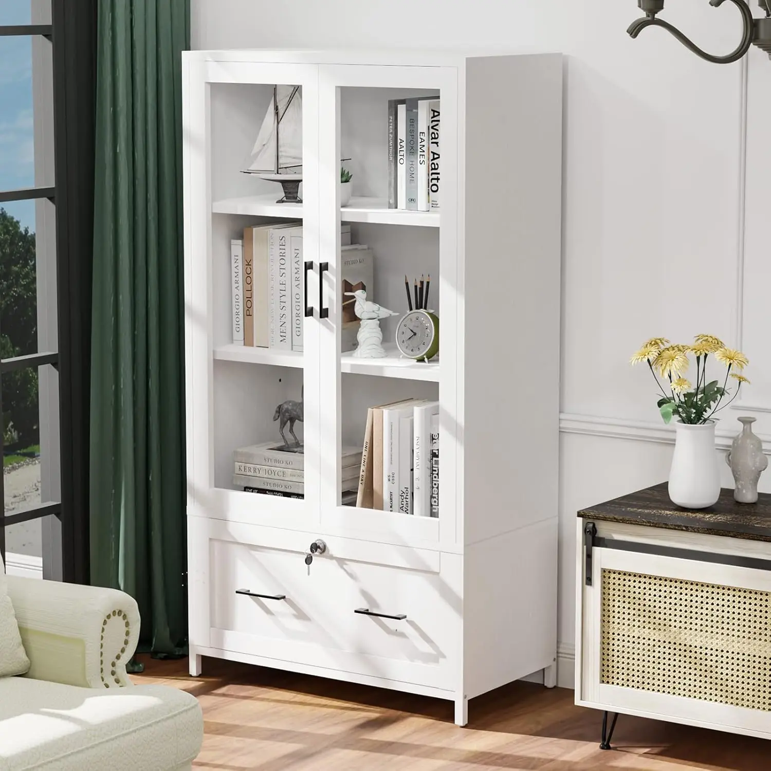VINGLI Sleek Lateral File Cabinet Bookshelf with Drawers, Glass Doors, Locking Full Extension Drawers, Adjustable Shelves, Casters for Hanging File Folders, Home Office (White, 30''W x 16''D x 55''H), Locking Drawers