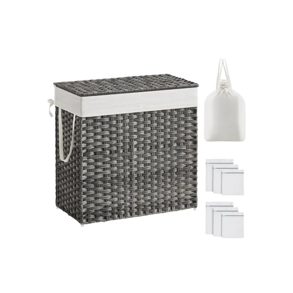 SONGMICS Handwoven Sturdy Classic 130L Rattan Wicker Laundry Basket with Lid - Foldable, Waterproof, 2 Removable Liner Bags, 6 Mesh Bags, Metal Double Clothes Holder for Bathroom, 13x26x23.6in