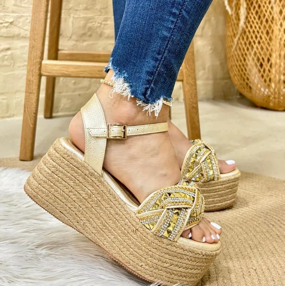 PEREZ 8 cm Wedge Sandals for Women Comfortable Soft Daily Wear with Beaded Knot Design Espadrille Sole Ideal for Walking Shoes - Girl