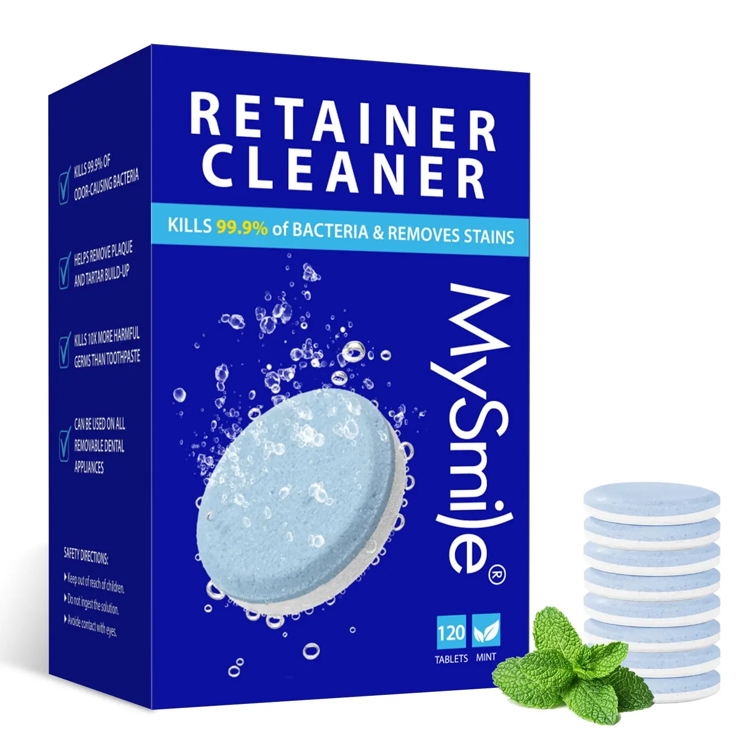 MySmile Retainer Cleaner Tablets - 120 Count Gentle Cleansing Denture Care Tool, Stain & Odor Restorer for Aligners, Retainers, Dentures, Compatible with Ultrasonic Machines, Peppermint & Orange Flavor