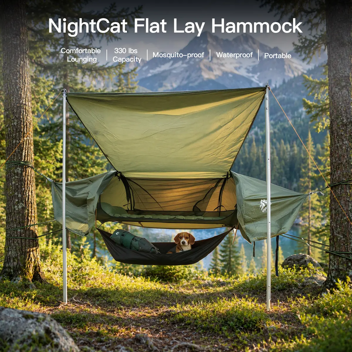 Night Cat 3-in-1 Flat Layout Single Hammock Tent - Durable Portable Outdoor Waterproof Hammock with 210T Mesh Fabric, 220cm, 70cm, Bug-Net Protection, Rainfly, 330LBS/150KG Capacity for Backpacking, Hiking