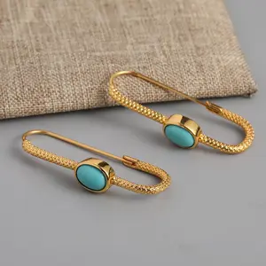 Gorgeous Turquoise Beaded Earrings - Handmade Boho Style Golden Color Metal Hoop Earrings, Bead Work Earrings, Metal Beaded Earrings
