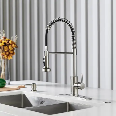 FORIOUS Industrial Stainless Steel Kitchen Faucet - Single Handle, 360-Degree Swivel Nozzle, 2-Mode Pull Down Sprayer, 1.8 GPM Water-Saving Ceramic Tap with Supply Pipes, 20.08 Inches Height, 8.66 Inches Range, for Farmhouse Sinks, Outdoor Kitchens