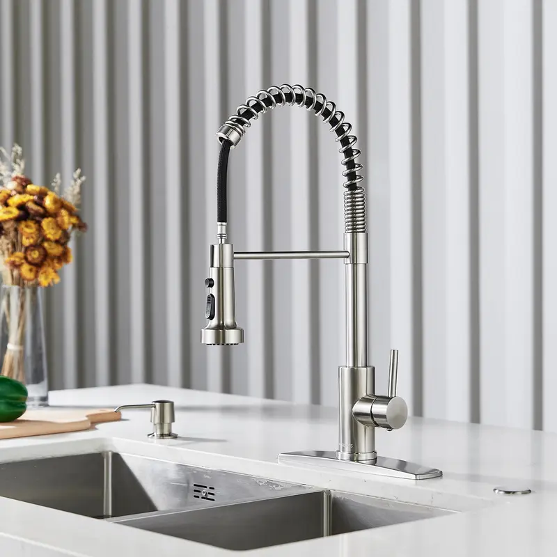 FORIOUS Industrial Stainless Steel Kitchen Faucet - Single Handle, 360-Degree Swivel Nozzle, 2-Mode Pull Down Sprayer, 1.8 GPM Water-Saving Ceramic Tap with Supply Pipes, 20.08 Inches Height, 8.66 Inches Range, for Farmhouse Sinks, Outdoor Kitchens