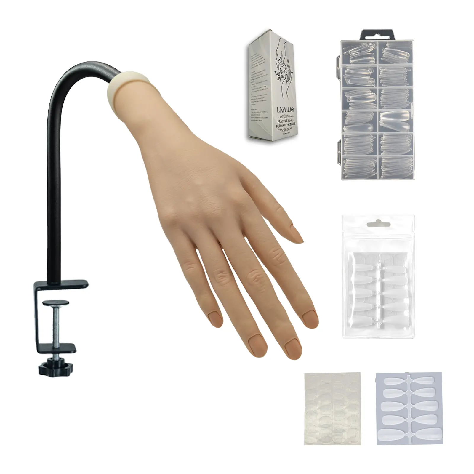 Practice Hand for Acrylic Nails, Realistic, Silicone, Fake Hand with Protective Rubber Clamp, Nail Practice Hand,Realistic Mannequin Hand (Right Hand with Clamp and Acrylic Nails)