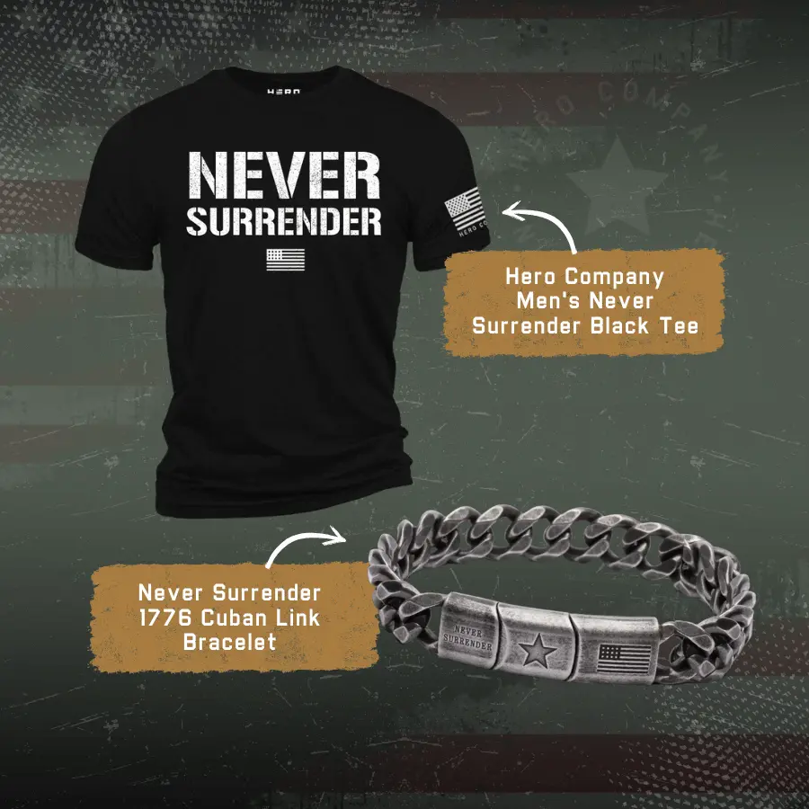 DEAL Never Surrender 1776 Cuban Link Bracelet and Black Never Surrender Tee: Helps Pair Veterans With A Service Dog Or Shelter Dog