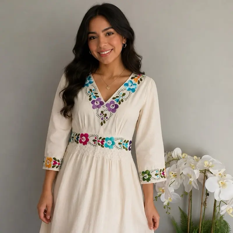 Vestido Oaxaca Manga 3/4 Cuello V Uni S-L