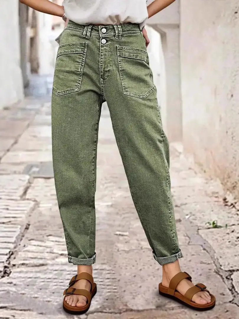 2026 Stretch Mid-Rise Straight Jeans, Green Button Placket Design, Slant Pockets, Slim Fit, Figure-Flattering, Suitable for All Seasons,clothes for back to school,first day of school outfits