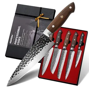 KONOLL Kitchen Knife Set of 5 pcs Japanese AUS-8 Steel Forged Handmade Chef Knives Set without Block for Chef Gift Box Ultra Sharp with Full Tang Large Wood Handle
