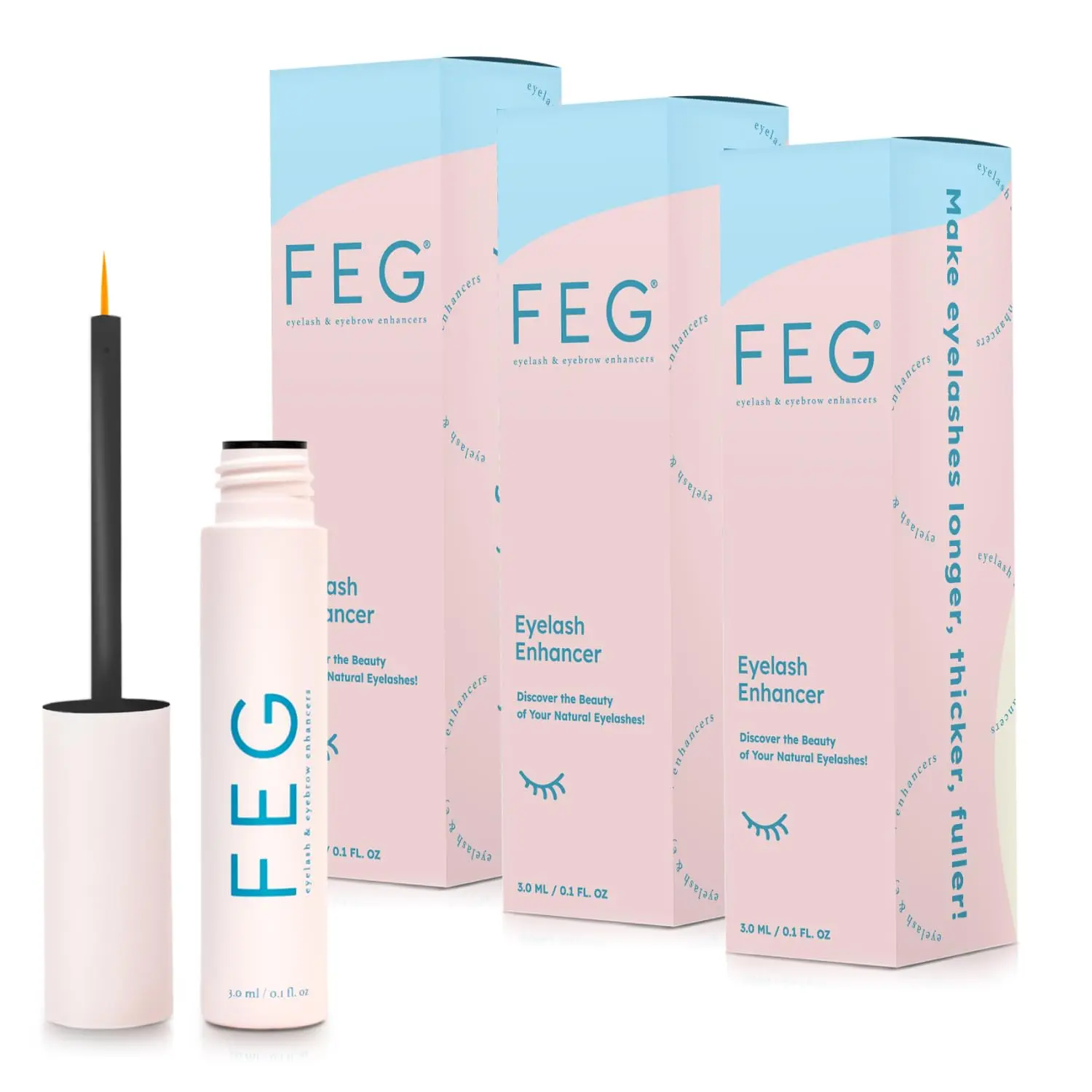 FEG Eyelash Enhancer Rapid Eyelash Growth Serum with Natural Ingredients | Lash Serum for Growing Naturally Thick, Full, and Long Eyelashes | Stimulates Natural Eyelash Growth | 3-Pack of 3ml Tubes