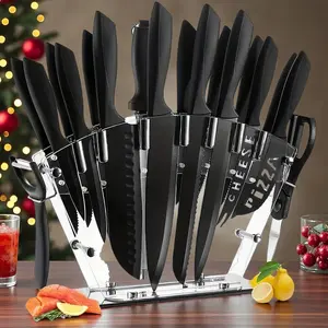 19-Piece Kitchen Knife Set with Ultra-Sharp Chef & Steak Knives – Includes Carving Knife, Scissors, Peeler, Knife Sharpener – Ergonomic Black Handles – Complete Kitchen Gadget Set for Cooking & Food Prep