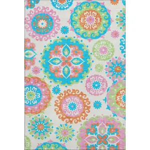 HomeRoots 664082 Machine-Washable 5x8 ft. White, Orange & Teal Medallion Machine-Made Rectangle Area Rug with UV Protection, Machine-Washable Area Rugs