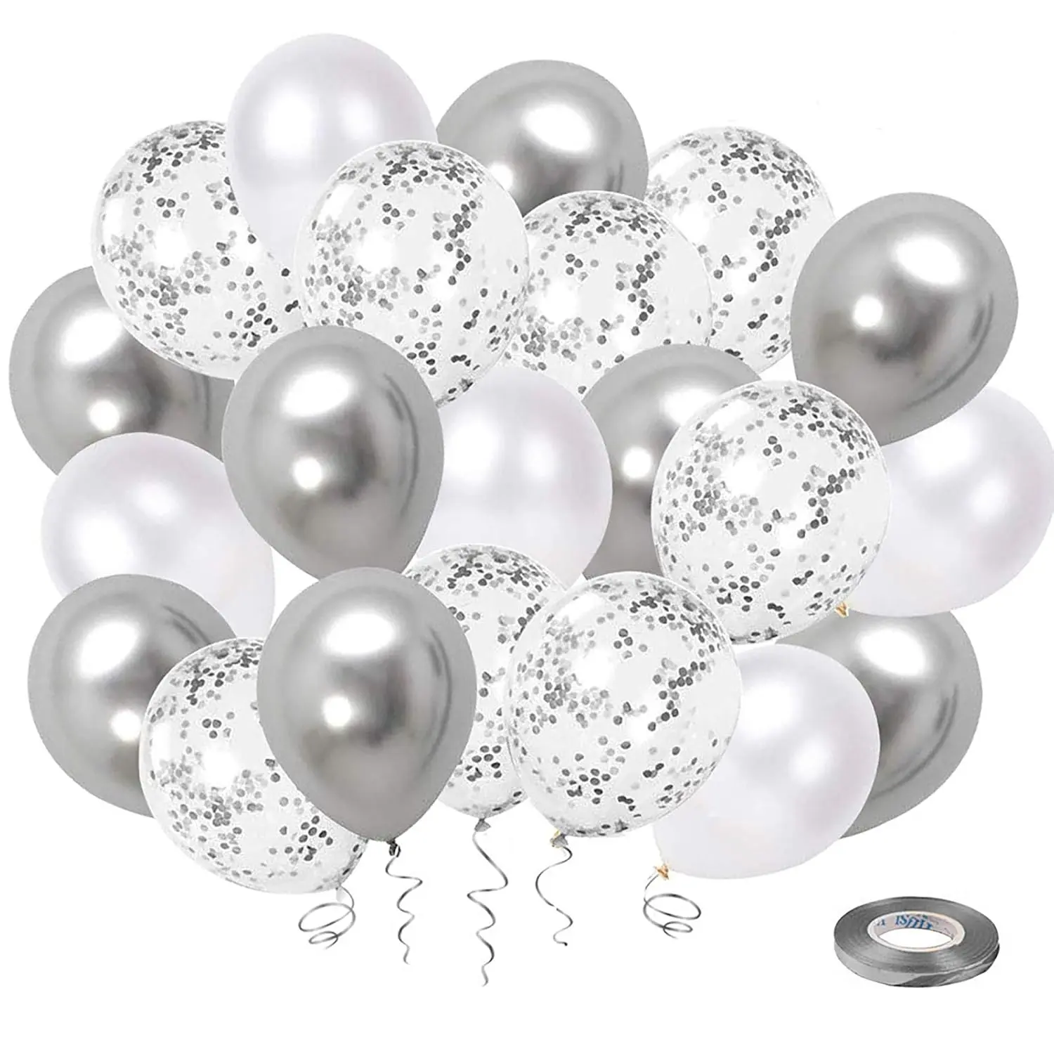 White Silver Balloon Set 50 Pack 12 Inch Metallic Confetti Balloons with Ribbon