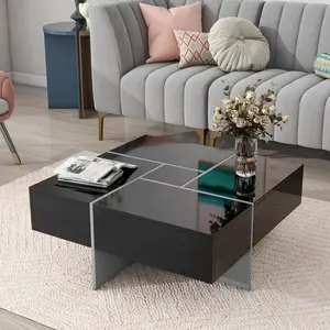 UV High-Gloss Coffee Table - Unique Square Cocktail Center Table with 4 Hidden Storage Compartments, Extendable Sliding Tabletop for Living Room