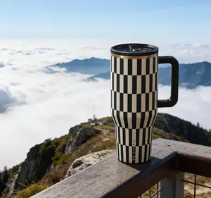 HYDROJUG 40oz Black & White Checkered Tumbler with Gold Rim Accent Food-Grade Stainless Steel Leak-Proof Non-Slip Vacuumflask for Office Commute Outdoor Use cups tulip glass pasta straw sippy
