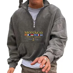 St Newst New Men's Monaco Yacht Club Sweatshirt-Casual V-neck Pullover with 1/4 Zipper, Long Sleeve, Polyester, Machine Washable, Navy Blue, with Flag Print Hoodie Black Menswear Collar Loose Tops Fabric