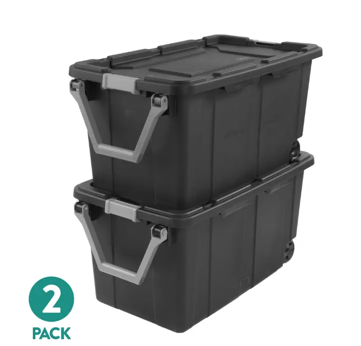 Sterilite Extra-Large Wheeled Industrial Storage Bin, 40 Gallon Durable Plastic Storage Tote with Latching Lid and Pull Handle, Dark Gray, 2 Pack